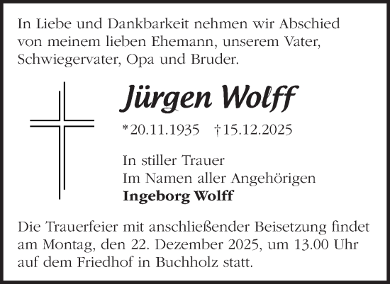 Traueranzeige von Jürgen Wolff von Märkische Oderzeitung