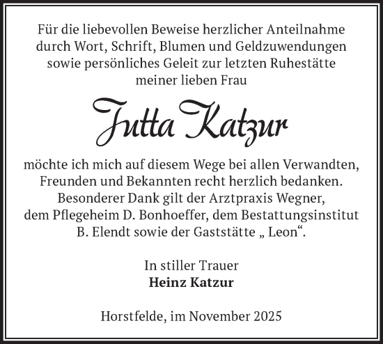 Traueranzeige von Jutta Katzur von Blickpunkt Ludwigsfelde/Zossen