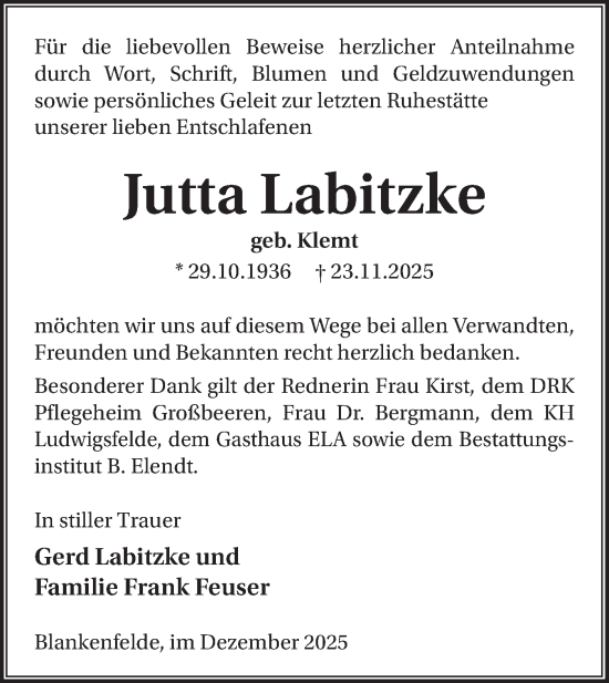 Traueranzeige von Jutta Labitzke von Blickpunkt Ludwigsfelde/Zossen