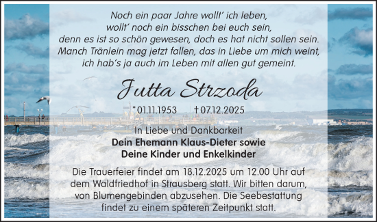 Traueranzeige von Jutta Strzoda von Märkische Oderzeitung