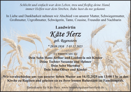 Traueranzeige von Käte Herz von Märkische Oderzeitung