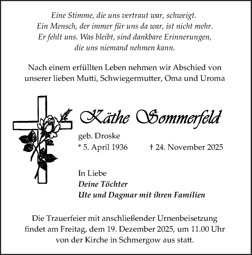  Traueranzeige für Käthe Sommerfeld vom 06.12.2025 aus Märkische Oderzeitung
