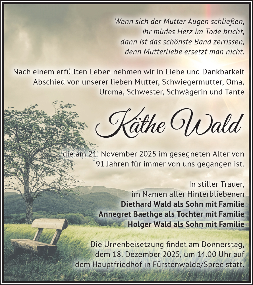  Traueranzeige für Käthe Wald vom 13.12.2025 aus Märkische Oderzeitung