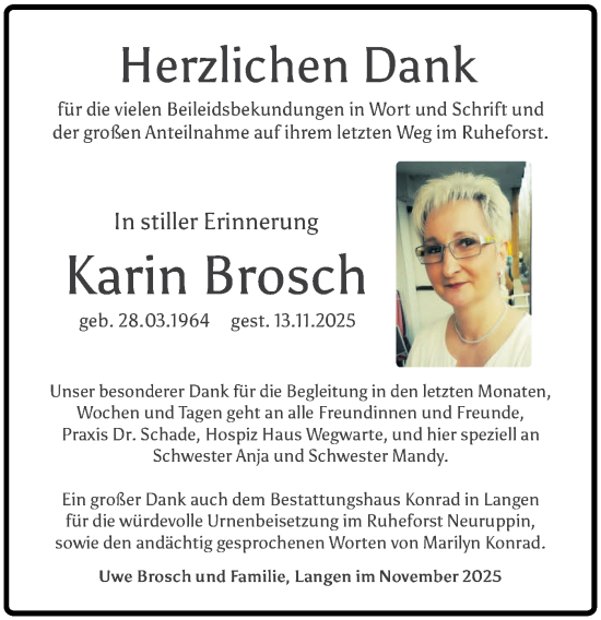Traueranzeige von Karin Brosch von Märkische Oderzeitung