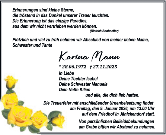 Traueranzeige von Karin Mann von Blickpunkt Jüterbog/Luckenwalde