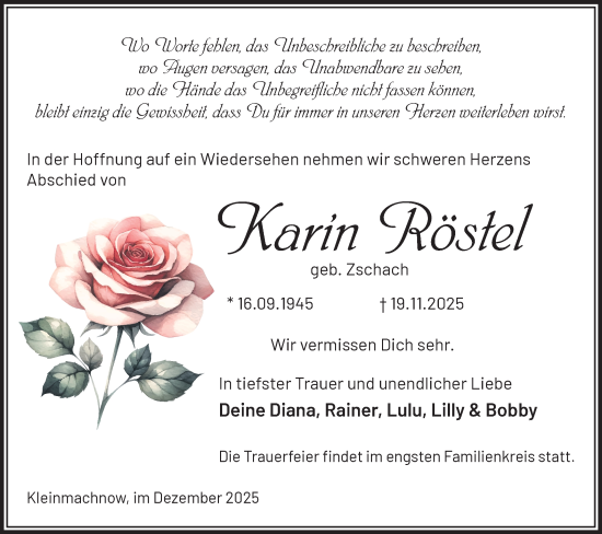Traueranzeige von Karin Röstel von Märkische Oderzeitung
