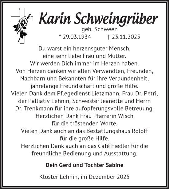 Traueranzeige von Karin Schweingrüber von Märkische Oderzeitung