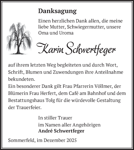 Traueranzeige von Karin Schwertfeger von Märkische Oderzeitung