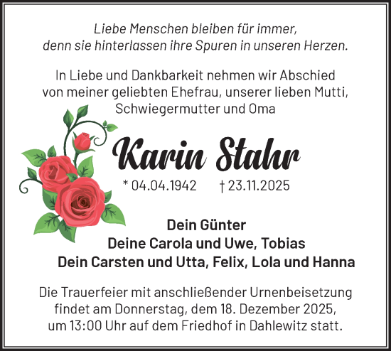 Traueranzeige von Karin Stahr von Blickpunkt Ludwigsfelde/Zossen