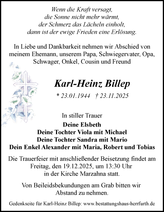 Traueranzeige von Karl-Heinz Billep von Blickpunkt Jüterbog/Luckenwalde