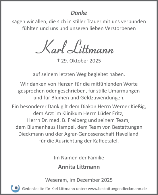 Traueranzeige von Karl Littmann von Märkische Oderzeitung