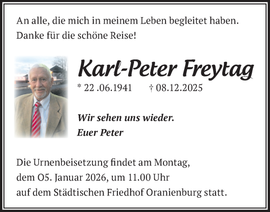 Traueranzeige von Karl-Peter Freytag von Märkische Oderzeitung
