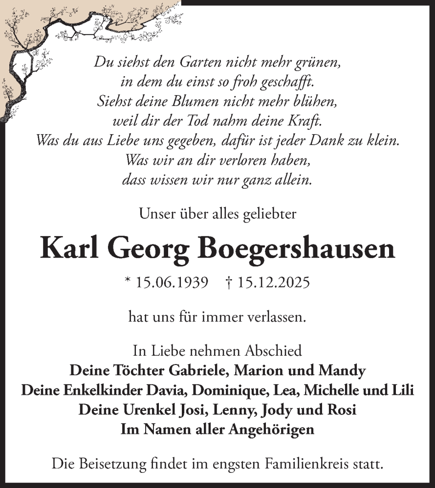  Traueranzeige für Karl Georg Boegershausen vom 20.12.2025 aus Märkische Oderzeitung