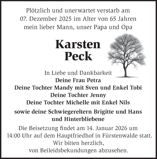 Traueranzeige von Karsten Peck von Märkische Oderzeitung