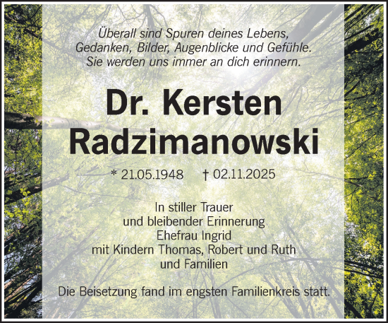Traueranzeige von Kersten Radzimanowski von Märkische Oderzeitung