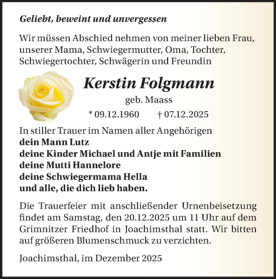 Traueranzeige von Kerstin Folgmann von Märkische Oderzeitung