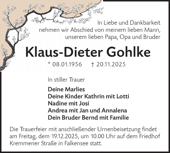 Traueranzeige von Klaus-Dieter Gohlke von Märkische Oderzeitung