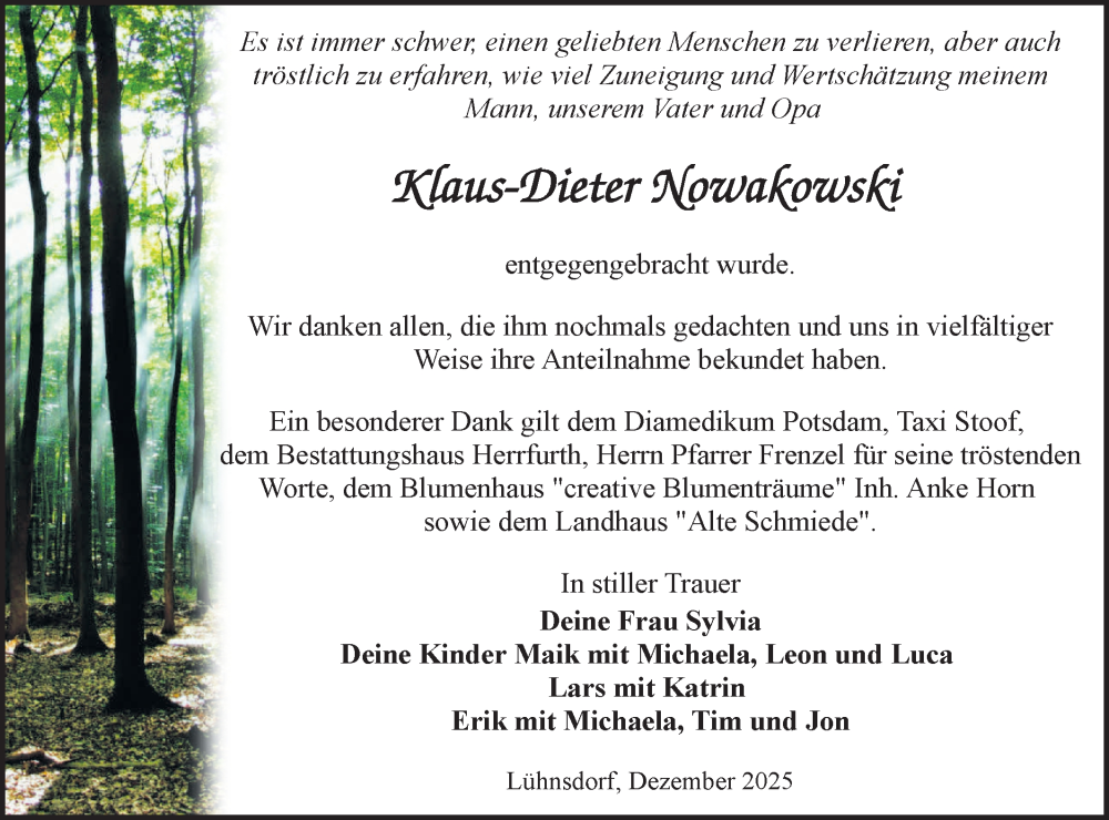  Traueranzeige für Klaus-Dieter Nowakowski vom 13.12.2025 aus Märkische Oderzeitung