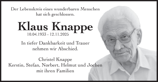Traueranzeige von Klaus Knappe von Märkische Oderzeitung