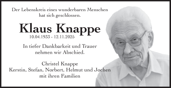 Traueranzeige von Klaus Knappe von Märkische Oderzeitung