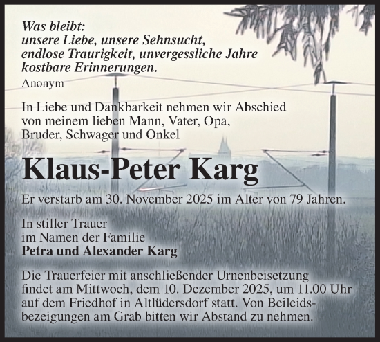 Traueranzeige von Klaus-Peter Karg von Märkische Oderzeitung
