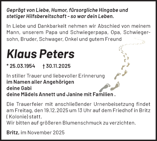 Traueranzeige von Klaus Peters von Märkische Oderzeitung