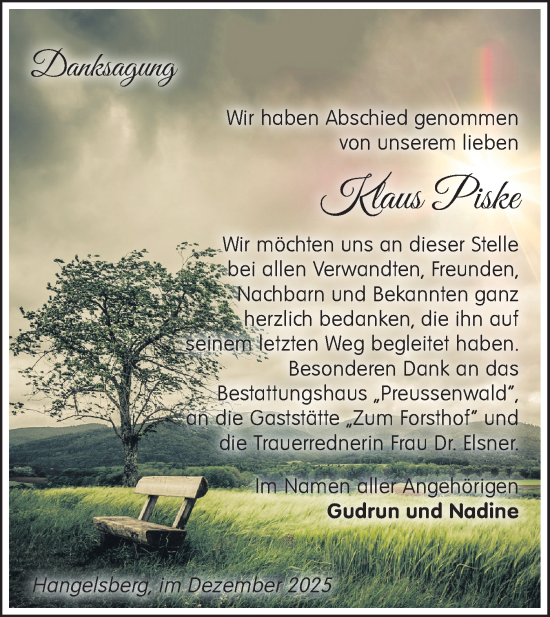 Traueranzeige von Klaus Piske von Märkische Oderzeitung