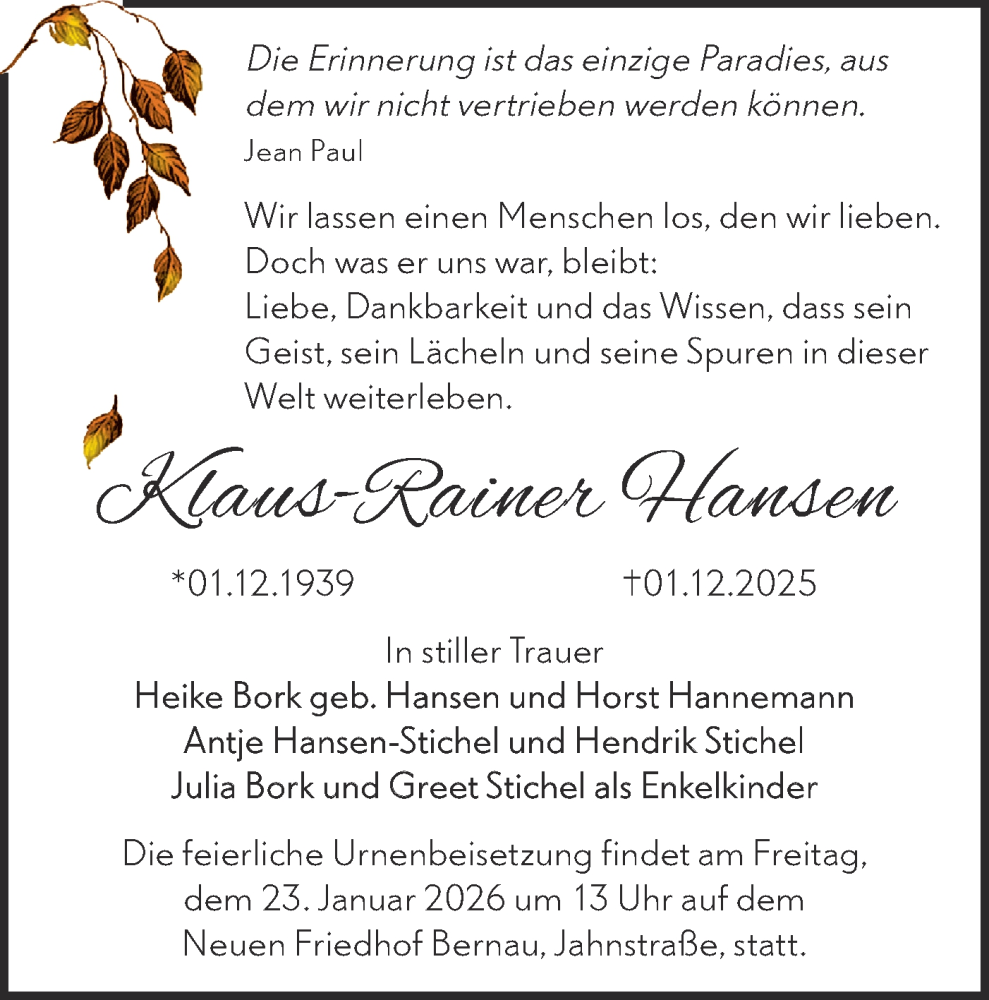  Traueranzeige für Klaus-Rainer Hansen vom 13.12.2025 aus Märkische Oderzeitung