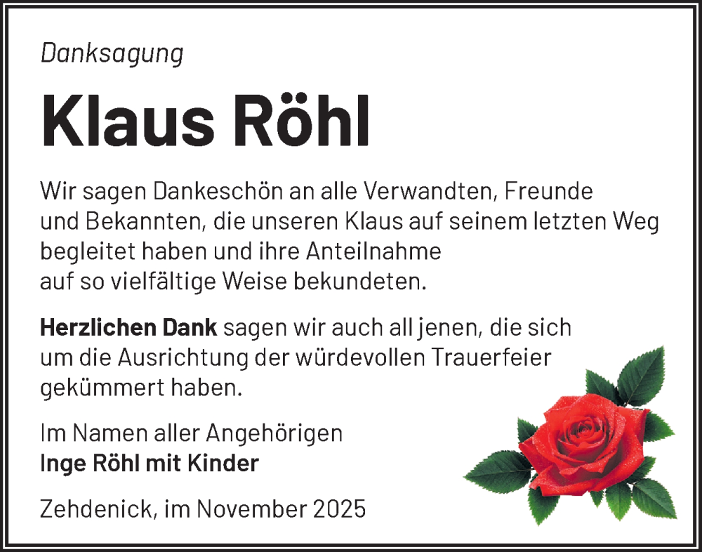  Traueranzeige für Klaus Röhl vom 06.12.2025 aus Märkische Oderzeitung