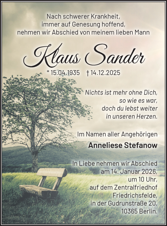Traueranzeige von Klaus Sander von Märkische Oderzeitung