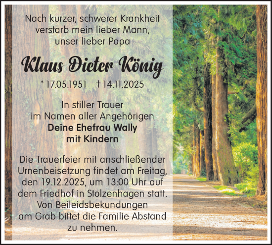 Traueranzeige von Klaus Dieter König von Märkische Oderzeitung