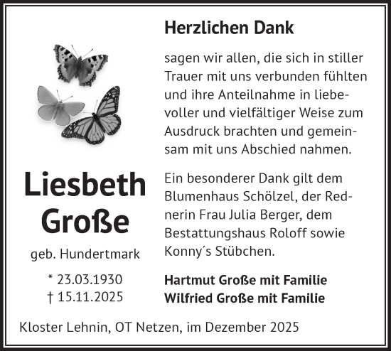 Traueranzeige von Liesbeth Große von Märkische Oderzeitung