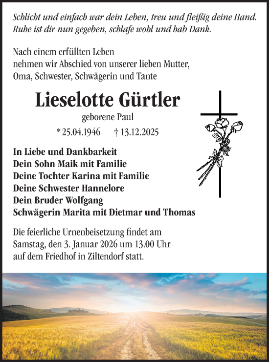Traueranzeige von Lieselotte Gürtler von Märkische Oderzeitung