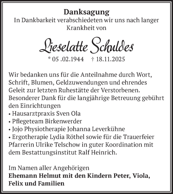 Traueranzeige von Lieselotte Schuldes von Märkische Oderzeitung