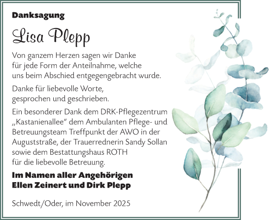 Traueranzeige von Lisa Plepp von MO Uckerm.-Anz.