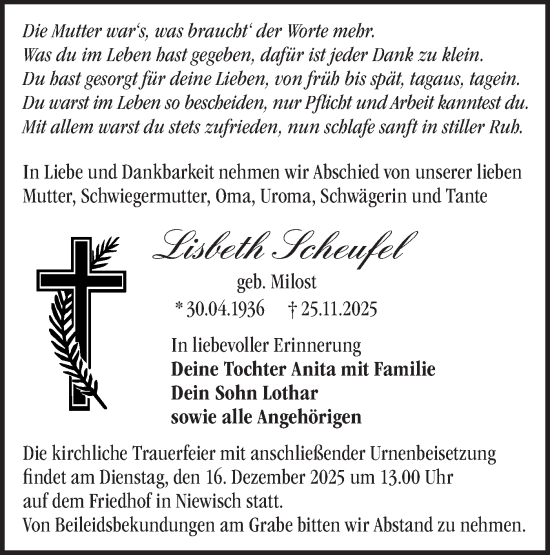 Traueranzeige von Lisbeth Scheufel von Märkische Oderzeitung