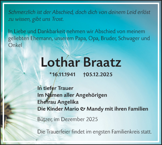Traueranzeige von Lothar Braatz von Märkische Oderzeitung