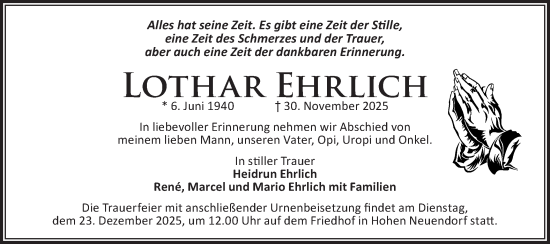 Traueranzeige von Lothar Ehrlich von Märkische Oderzeitung
