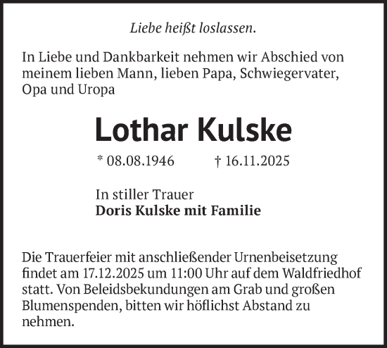 Traueranzeige von Lothar Kulske von Blickpunkt Potsdam/Werder