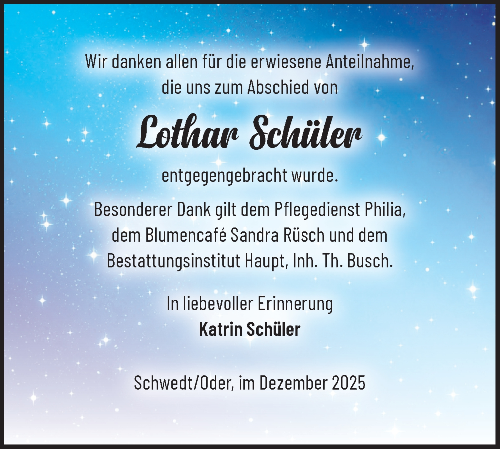  Traueranzeige für Lothar Schüler vom 13.12.2025 aus MO Uckerm.-Anz.