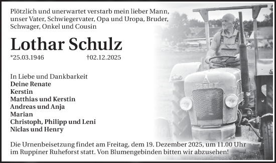 Traueranzeige von Lothar Schulz von Märkische Oderzeitung