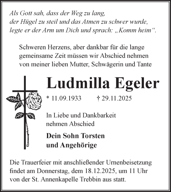 Traueranzeige von Ludmilla Egeler von Blickpunkt Jüterbog/Luckenwalde