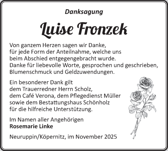 Traueranzeige von Luise Fronzek von Märkische Oderzeitung