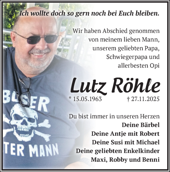 Traueranzeige von Lutz Röhle von Märkische Oderzeitung