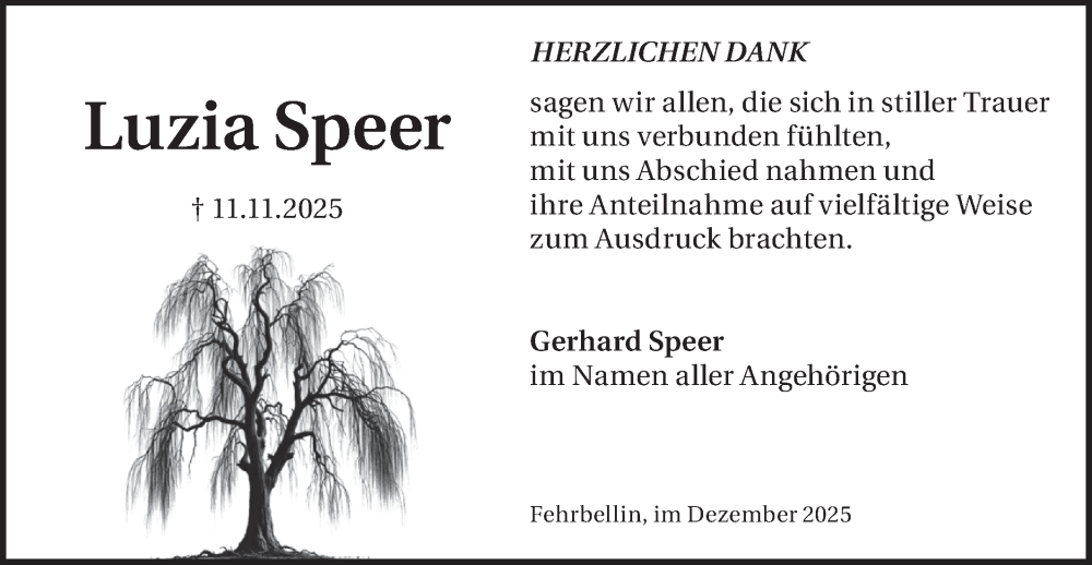  Traueranzeige für Luzia Speer vom 13.12.2025 aus Märkische Oderzeitung