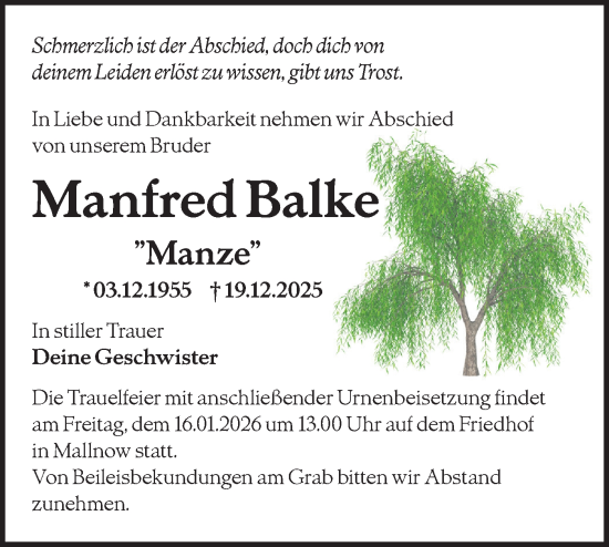 Traueranzeige von Manfred Balke von MO Oderld.-Echo