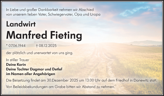 Traueranzeige von Manfred Fieting von Märkische Oderzeitung