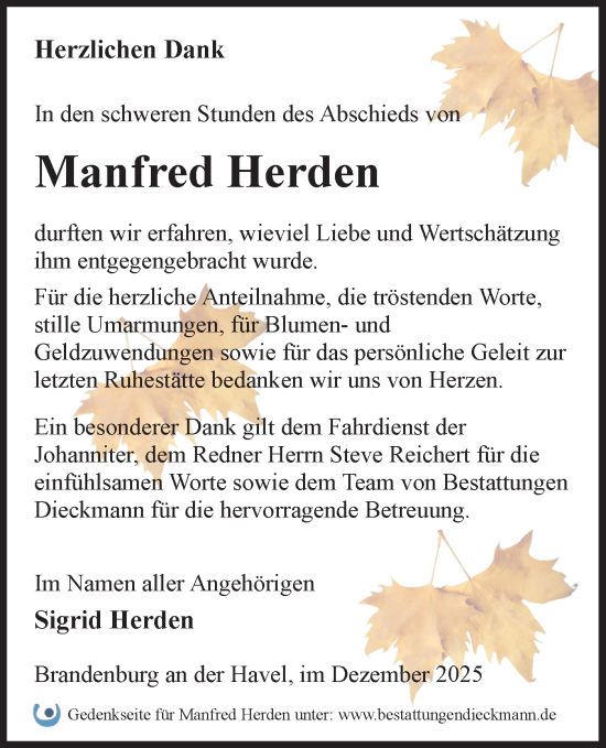 Traueranzeige von Manfred Herden von Märkische Oderzeitung