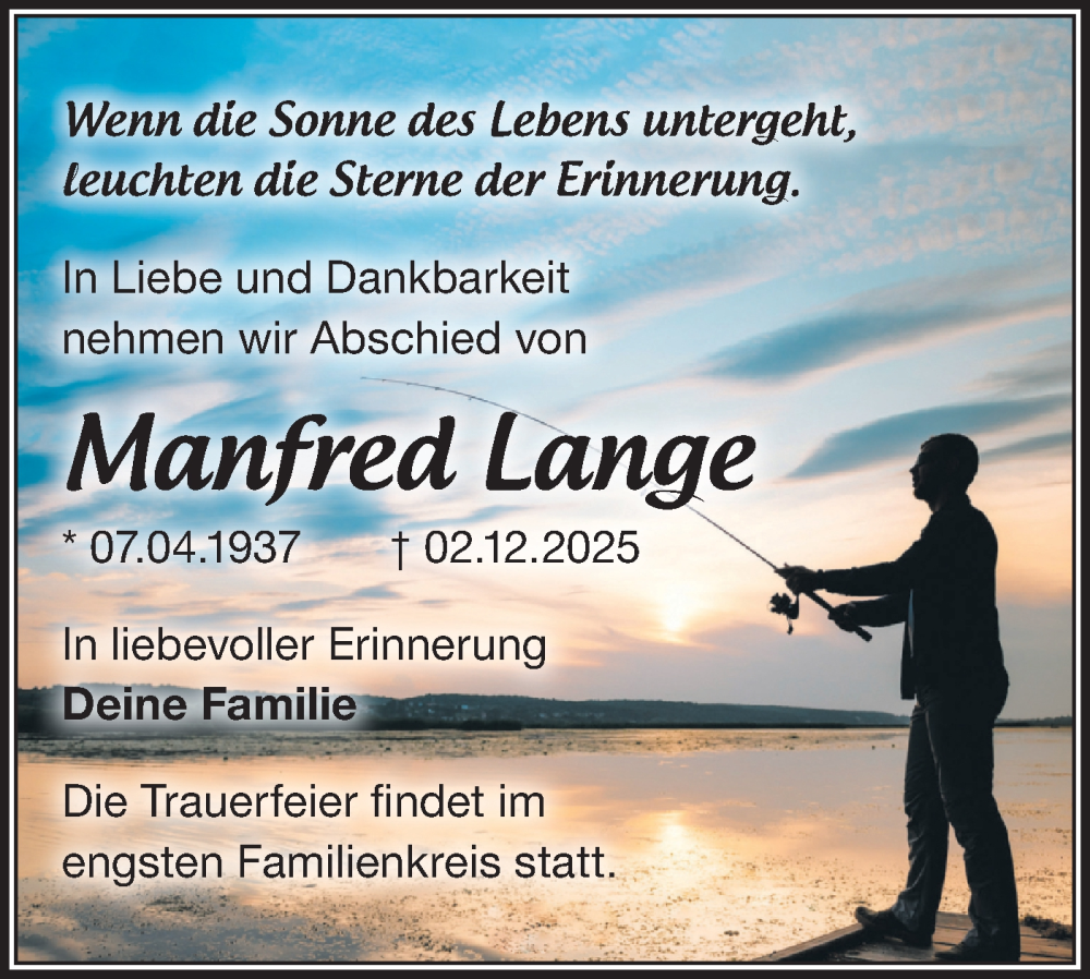  Traueranzeige für Manfred Lange vom 13.12.2025 aus Märkische Oderzeitung