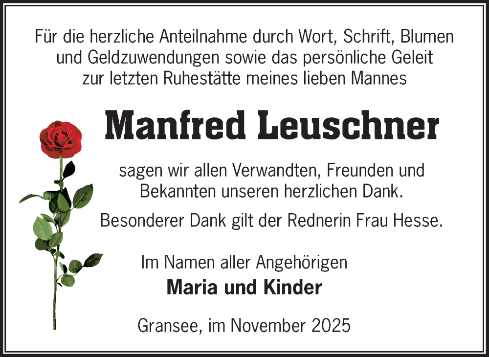  Traueranzeige für Manfred Leuschner vom 13.12.2025 aus Märkische Oderzeitung